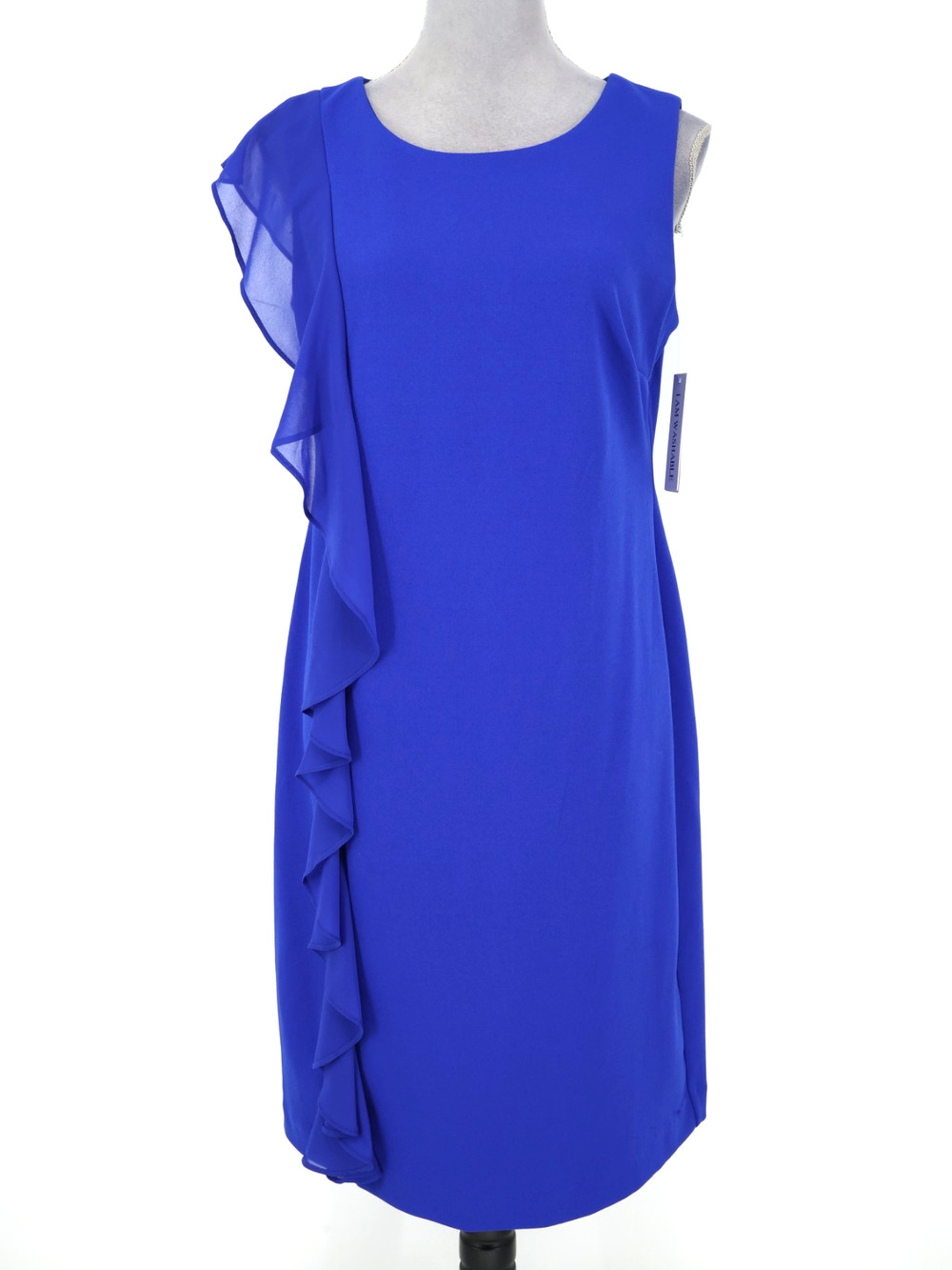 Shelby and Palmer Dress Womens 10 Blue Side Ruffle Lined Stretch Knit Zip New